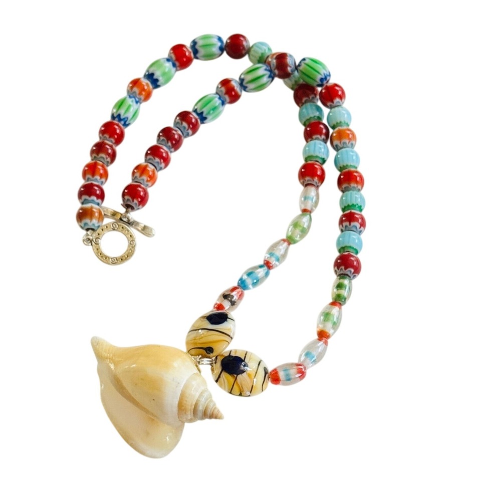 VTG Necklace Venetian Art Glass Murano Chevron beads Seashell Colorful‎ Collar